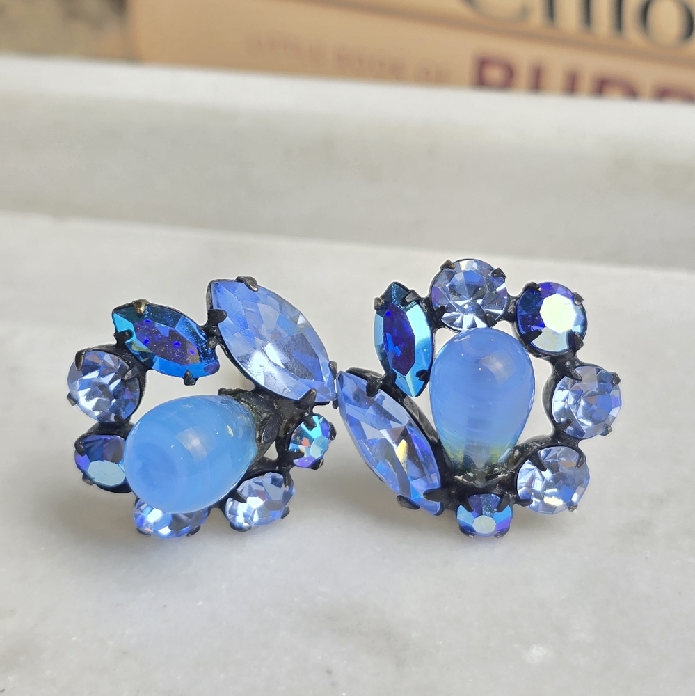 Vintage Blue and AB Rhinestone Clip On Earrings.
